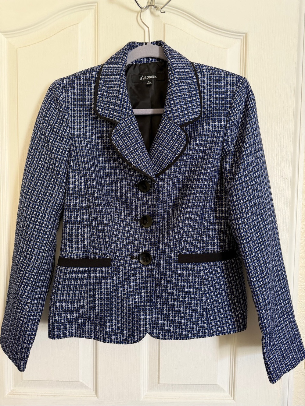 Le Suit Navy and Black Tweed Blazer Jacket